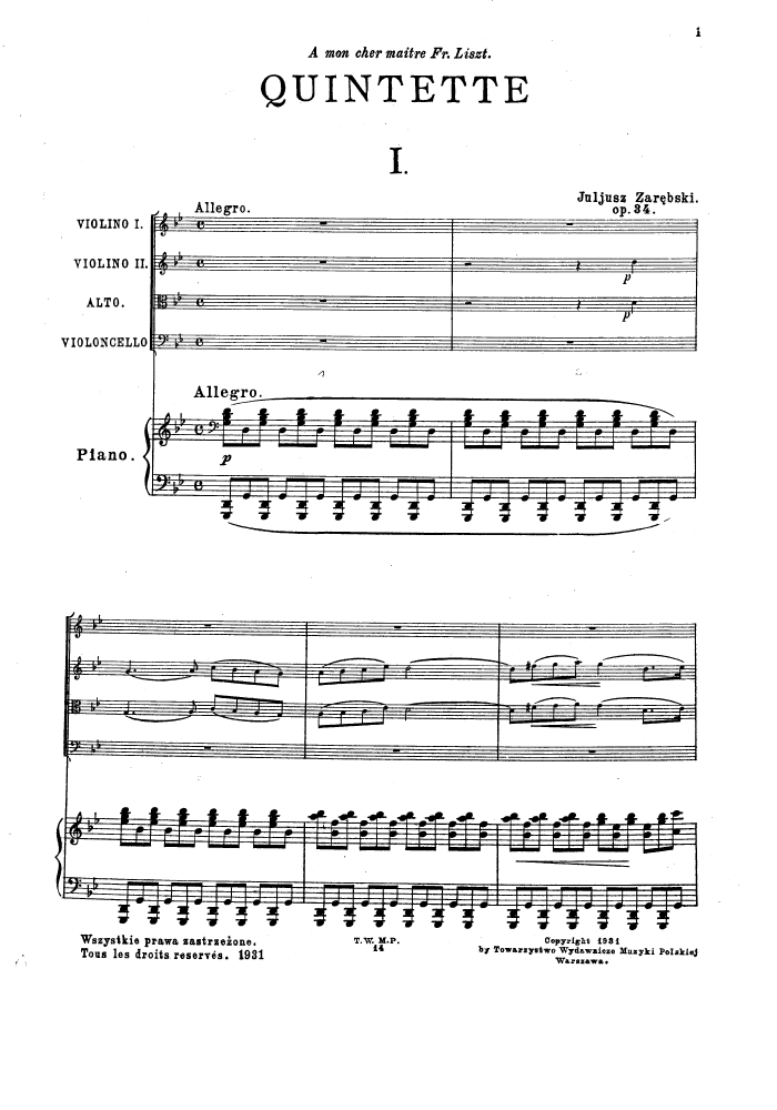 Piano Quintet in G Minor by Zarębski - the first page