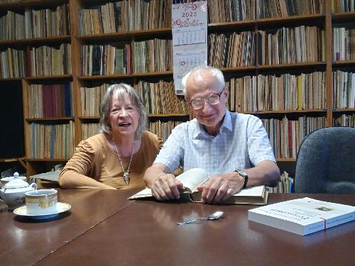 A photo: Krzysztof Meyer and Danuta Gwizdalanka in the Library of the Polish Composers Union
