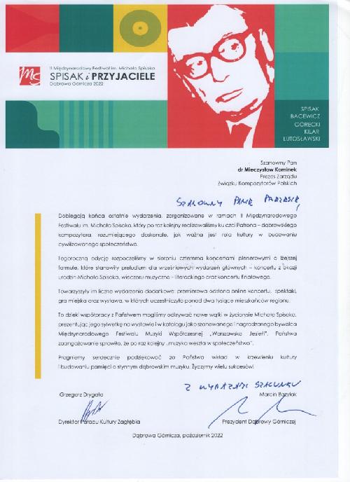 List skierowany do ZKP z Pałacu Zagłębia