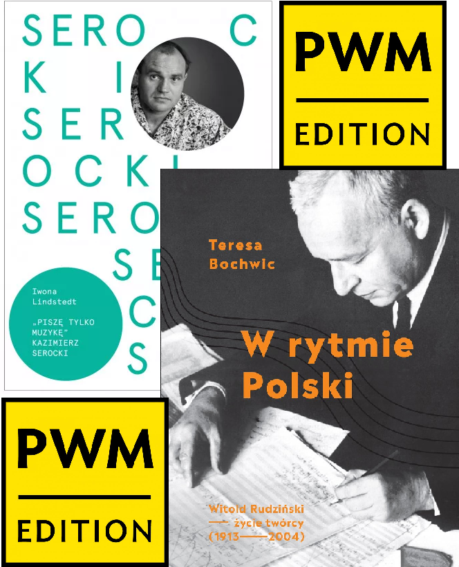 Okładki książek: Iwona Lindstedt - Kazimierz Serocki oraz Teresa Bochwic - W rytmie Polski i logo PWM